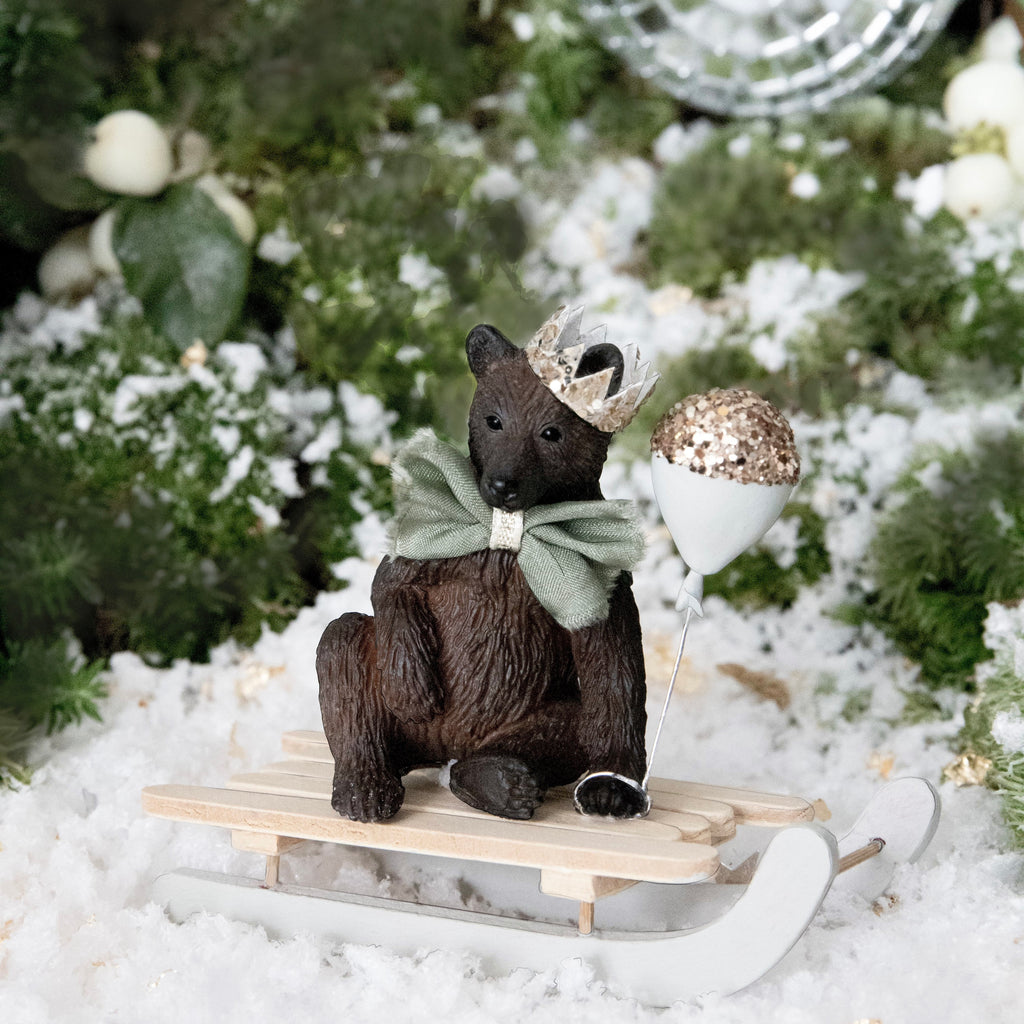 Christmas Grizzly Bear Cub with Bowtie and Pale Green Glitter Balloon